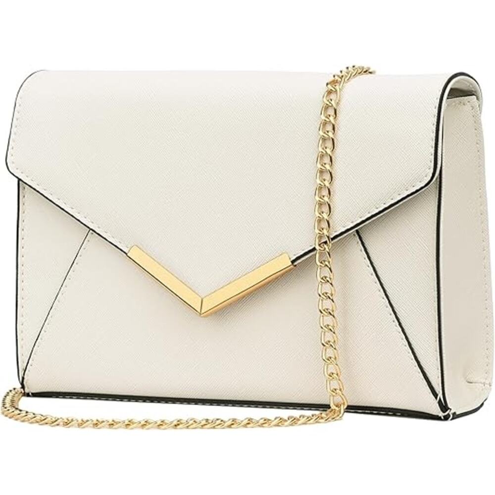 New KKXIU Womens Off White Faux Leather Envelope Clutch Detachable Strap Purse